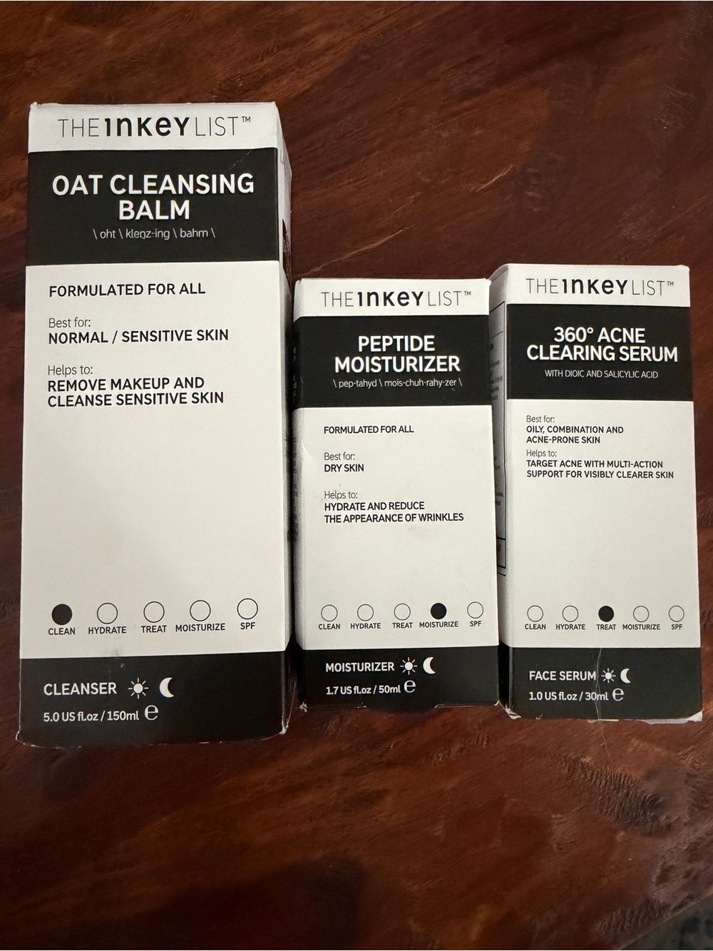 The Inkey List Oat Cleansing Balm, 360* Acne Clearing Serum, Peptide Moisturizer
